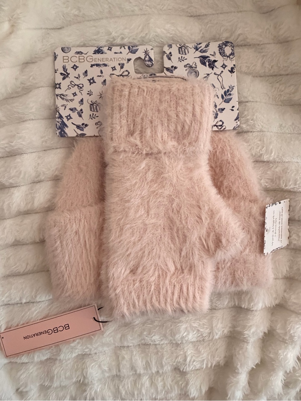 BCBGeneration Blush Pink Fuzzy Fingerless Gloves & Beanie NWT